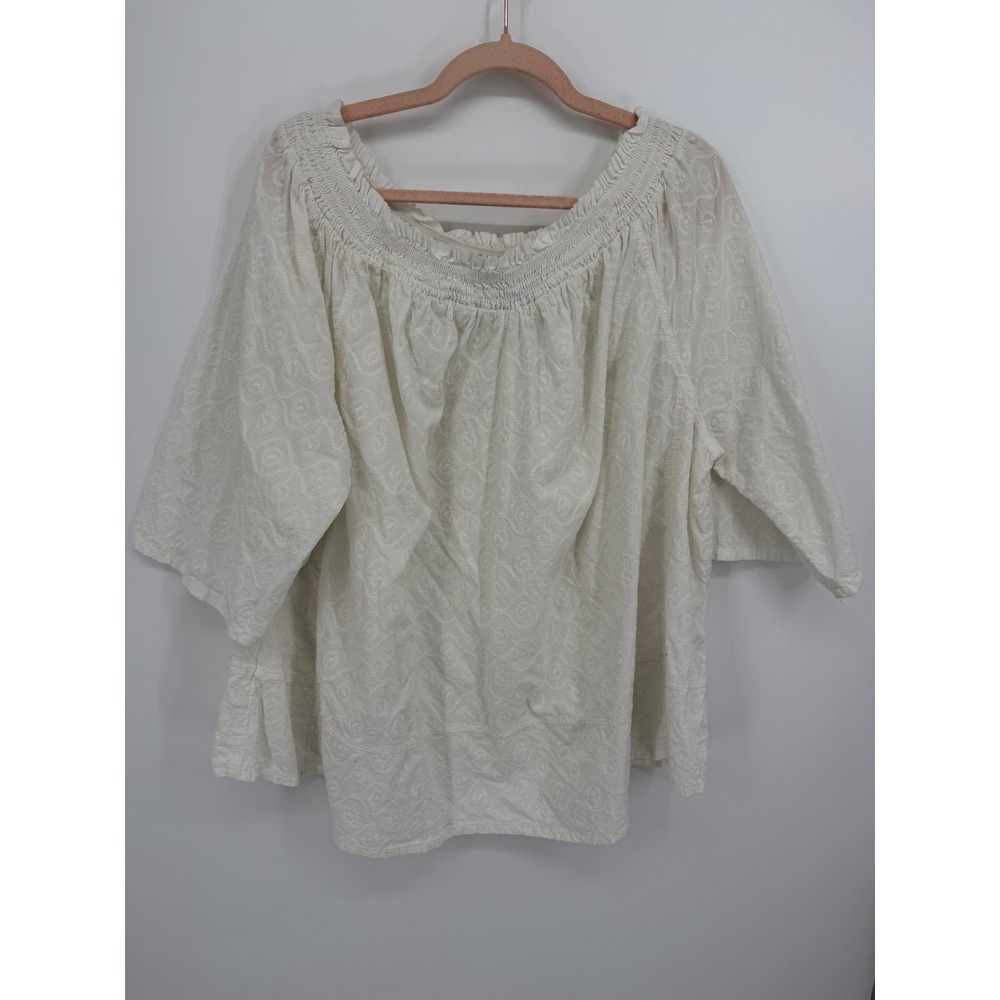 Indigo Blouse Women 3X White Embroidered‎ Smocked Boho Peasant Top Cottagecore